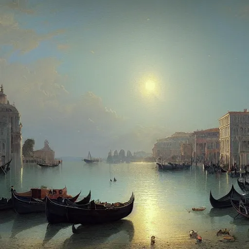 Image similar to a large serene beautiful matte painting of a large venetian harbor upon a calm bay, by asher brown durand and greg rutkowski, featured on artstation, blue and orange color scheme