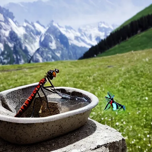 Prompt: dragonfly in a bathtub in the alps, herd of goats!!!! in background