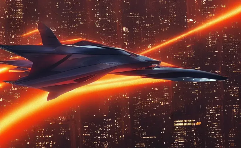 Prompt: a closeup of a spaceship designed by peter schreyer flying over NYC in style of blade runner 2049