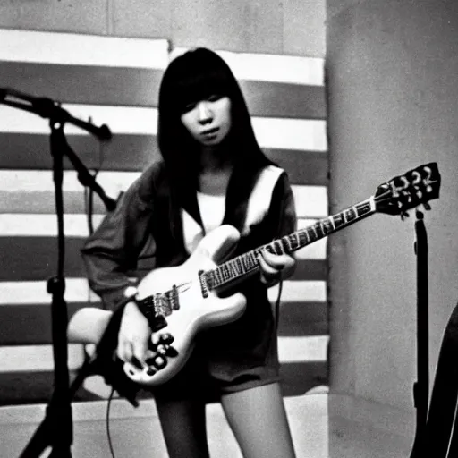 Image similar to a black and white photograph of a female japanese artist playing a gibson sg, 1 9 7 0 s