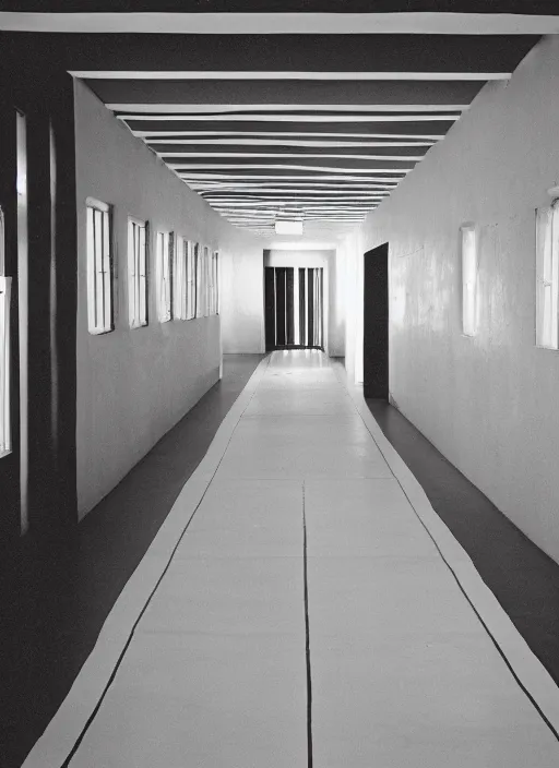 Image similar to a photograph of a symmetrical hallway designed by basquiat, 3 5 mm, film camera, dezeen, architecture, minimal, art installation