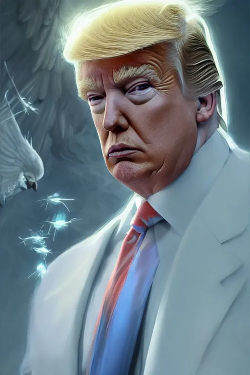 Image similar to donald trump as an angel, anatomy, bathed in light, highly detailed, photorealistic, artstation, smooth, sharp focus, illustration, unreal engine 5, 8 k, art by artgerm and greg rutkowski and edgar maxence