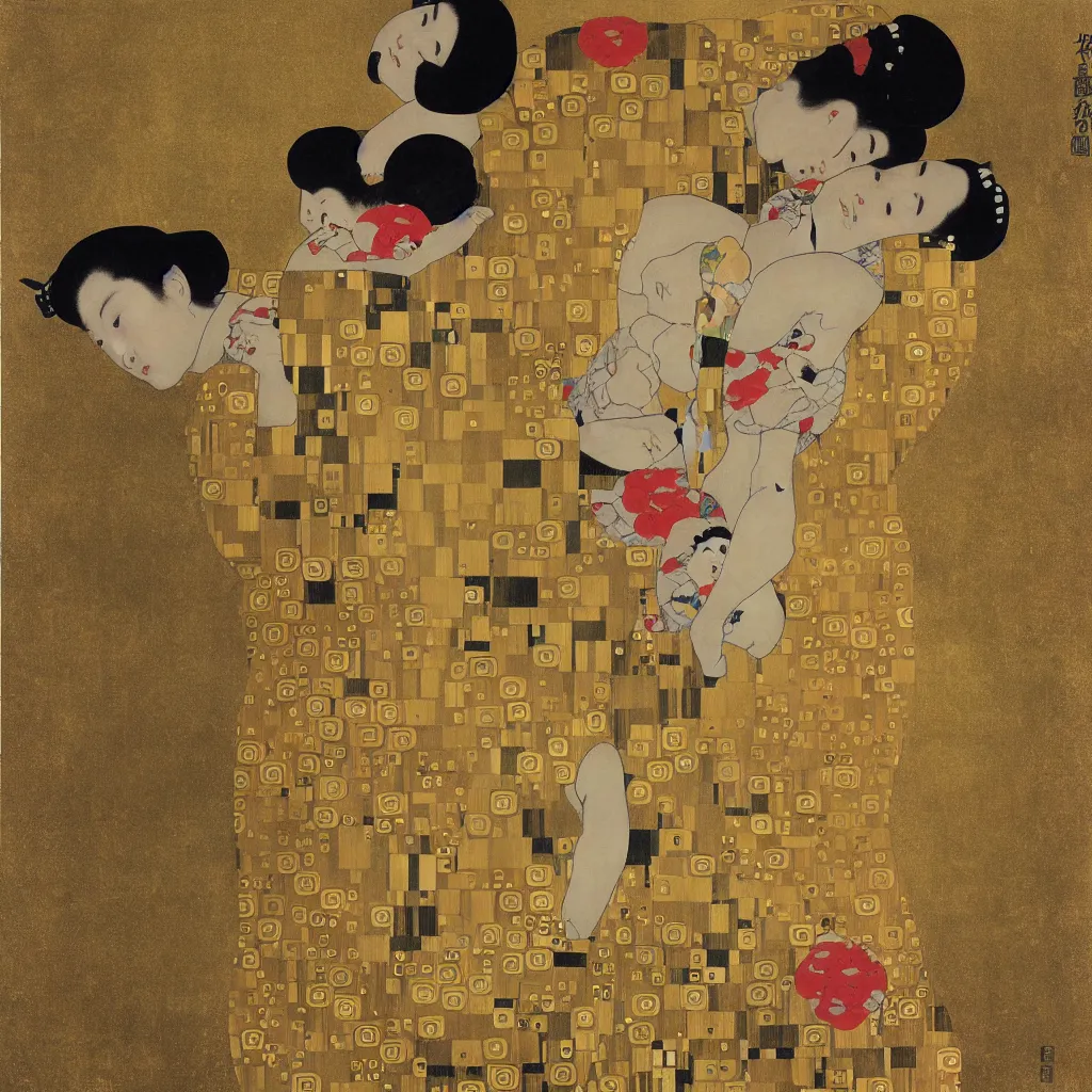 Image similar to Japanese art in the style of Gustav Klimt