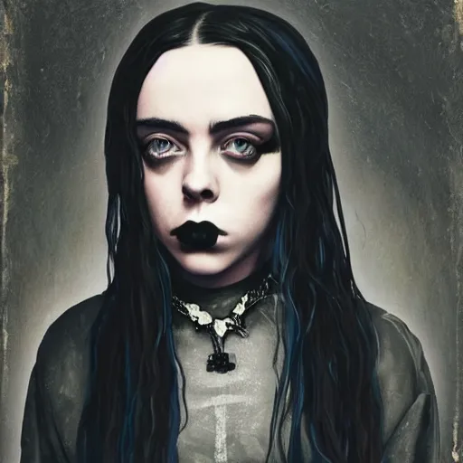 Image similar to a gothic portrait of billie eilish