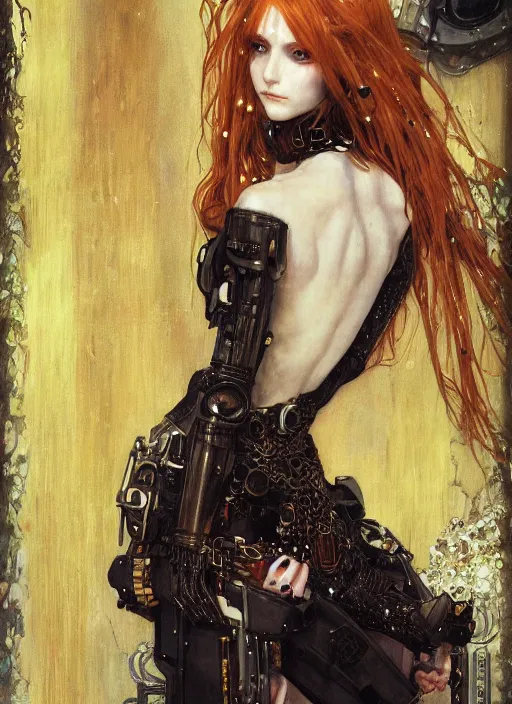 Image similar to portrait of beautiful young gothic maiden, cyberpunk, Warhammer, highly detailed, artstation, illustration, art by Gustav Klimt and Range Murata