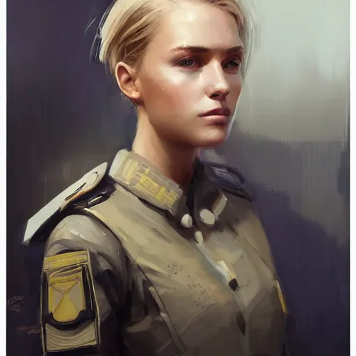 Prompt: Portrait of a woman by Greg Rutkowski, she is about 20 years old, athletic tomboy, attractive, military composure, short blonde hair, russian, she is wearing futuristic military fatigues, highly detailed portrait, digital painting, artstation, concept art, smooth, sharp foccus ilustration, Artstation HQ.