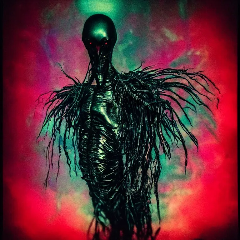 Image similar to a dark artistic photo of an alien creature with crazy wings, liminal eerie midnight backlit, big budget horror, a polaroid photo, bleeding decaying colors!