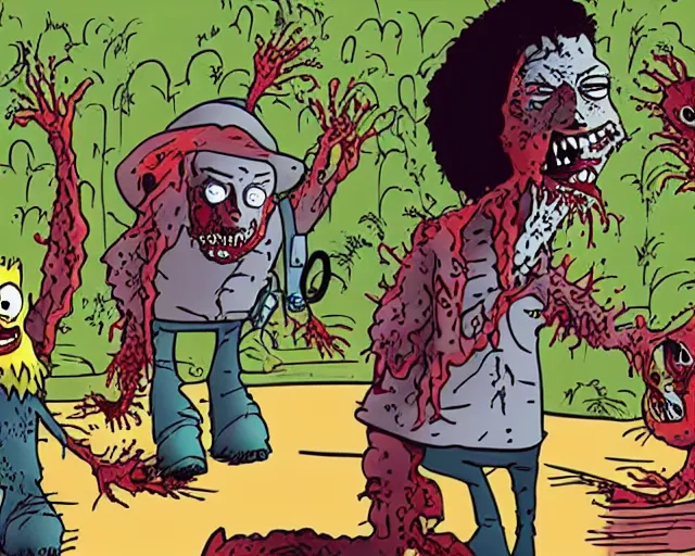 Prompt: still from the animated movie “the walking dead” by dr Seuss, horror