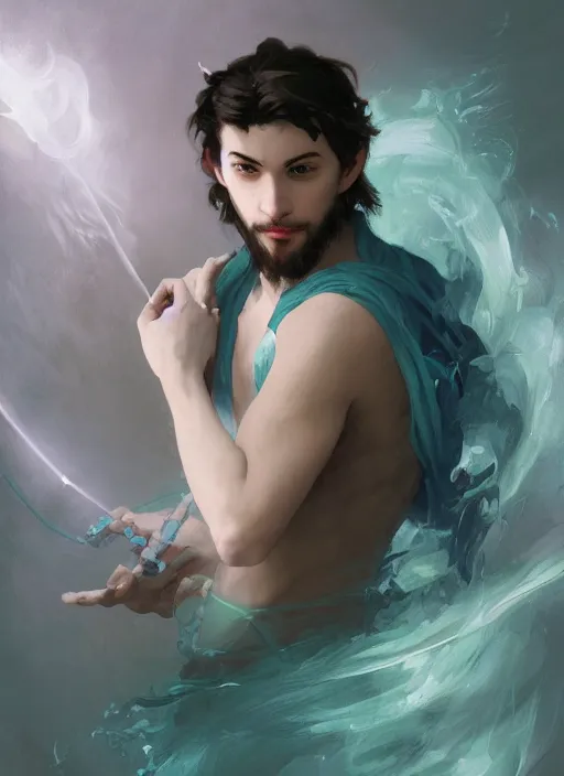 Image similar to character concept portrait of an attractive young focused Spanish wizard with pale teal skin enchanting a drowning spell, a floating iridescent spell book in the center, intricate, elegant, digital painting, concept art, smooth, sharp focus, illustration, from Metal Gear, by Ruan Jia and Mandy Jurgens and William-Adolphe Bouguereau, Artgerm