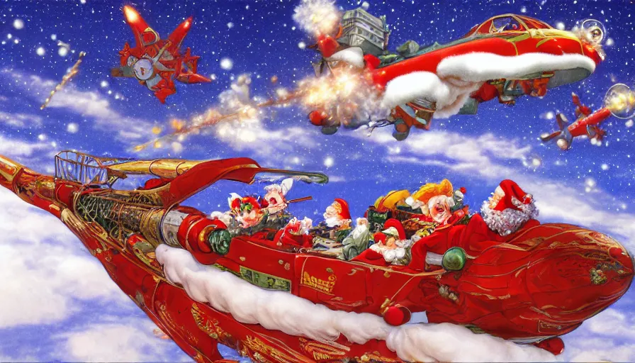 Image similar to santa claus sleigh being shot down by a surface to air missile, fiery explosion, artwork by katsuhiro otomo, yoshitaka amano, and artgerm. 3 d shadowing effect, 8 k resolution.