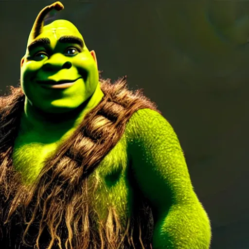 Image similar to zoomed out still from the movie shrek with chewbacca hugging shrek, highly detailed, extremely high quality, hd, 4 k, 8 k, canon 3 0 0 mm, professional photographer, 4 0 mp, lifelike, top - rated, award winning, realistic, detailed lighting, detailed shadows, sharp, no blur, edited, corrected, trending