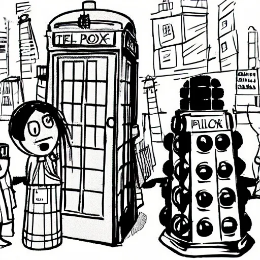 Prompt: doctor and daleks in one team, fighting against amy, in front for a telephone box in london, very detailed and artistic