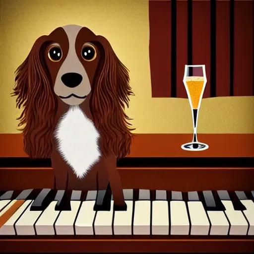 Prompt: a brown spaniel with a white chest playing a piano, Martini on the side. Artwork adult swim style, no text