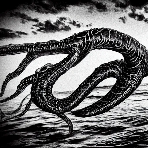 Prompt: award-winning, black and white photograph of a sea monster, extremely detailed