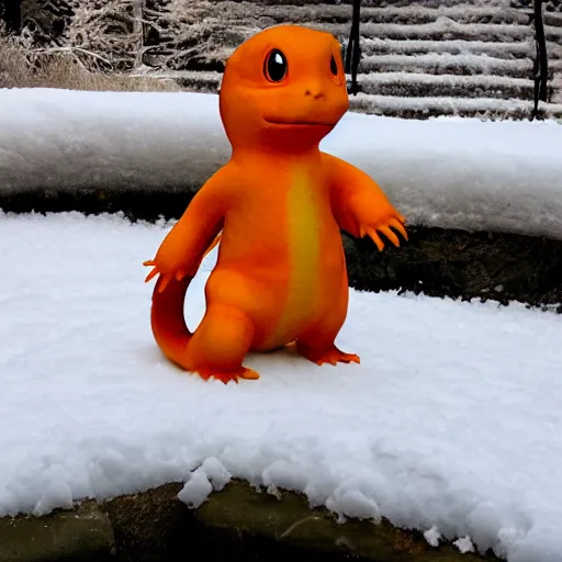 Prompt: charmander made of snow, photography