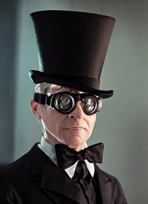 Image similar to closeup portrait of gary seven wearing a top hat and goggles, depth of field, zeiss lens, detailed, symmetrical, centered, fashion photoshoot, by Annie Leibovitz and Steve McCurry, David Lazar, Jimmy Nelsson, Breathtaking, 8k resolution, extremely detailed, beautiful, establishing shot, artistic, hyperrealistic, beautiful face, octane render