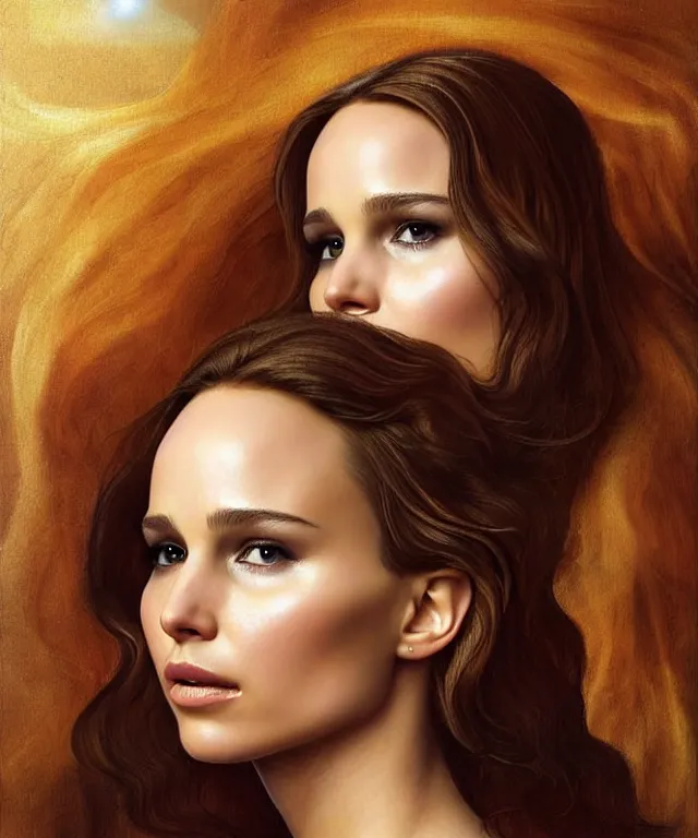 Image similar to half nathalie portman half Jennifer lawrence a fantasy magic woman portrait by Sandro Botticelli, oil painting masterpiece, sci-fi, loving amber eyes, face, long hair, fantasy, intricate, elegant, highly detailed, digital painting, soft diffuse lightning, concept art, smooth, sharp focus, illustration, art by artgerm and greg rutkowski and alphonse mucha