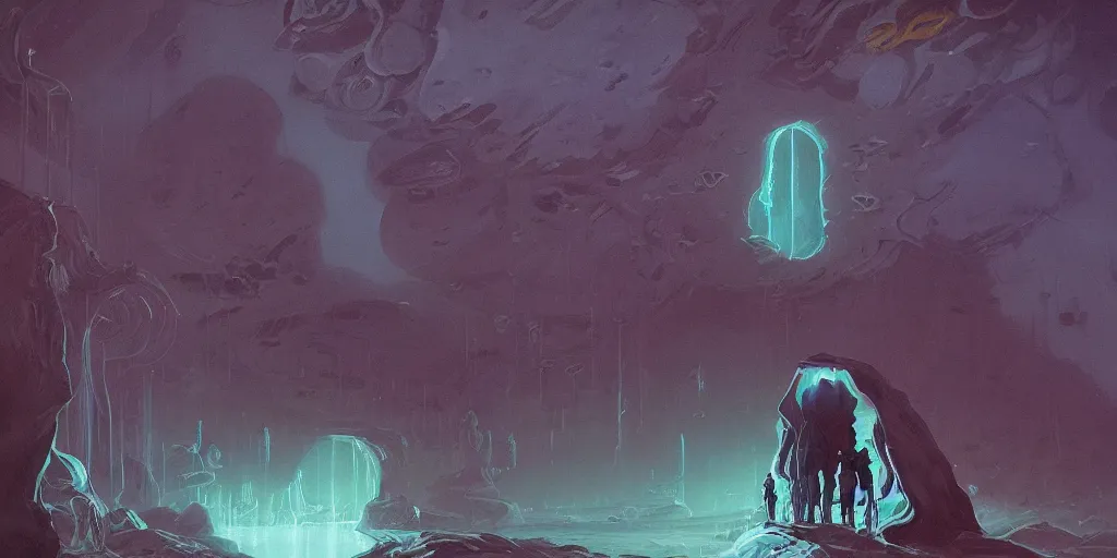 Image similar to the cult of pluto, a highly detailed cinematic oil painting by roger dean and alena aenami, hooded figures, dynamic lighting
