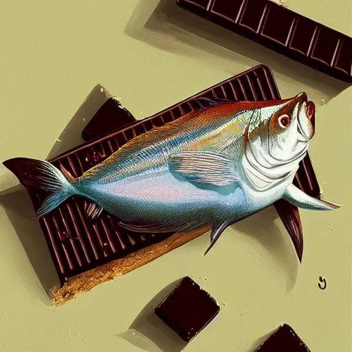 Image similar to a fish laying on top of a chocolate bar. soft, atmospheric, warm lighting. highly detailed digital painting by mandy jurgens.