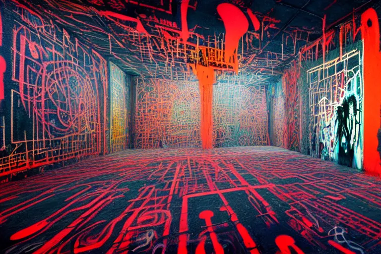 Image similar to the inside of a symmetrical hellish dungeon, multilayer glitch effect in spatial perceptron synapses, matte painting, 4 k, epic composition, volumetric light, abstract illusionism, by william stout, jean - michel basquiat, pour paint, modern street art, grunge wall, industrial