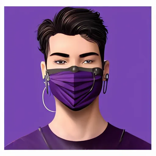 Prompt: professional digital art of a stylish young adult man with a black face mask, earrings, and dark clothes, high quality, HD, 8K, highly detailed, award-winning, sci-fi, fantasy, movie, purple sky