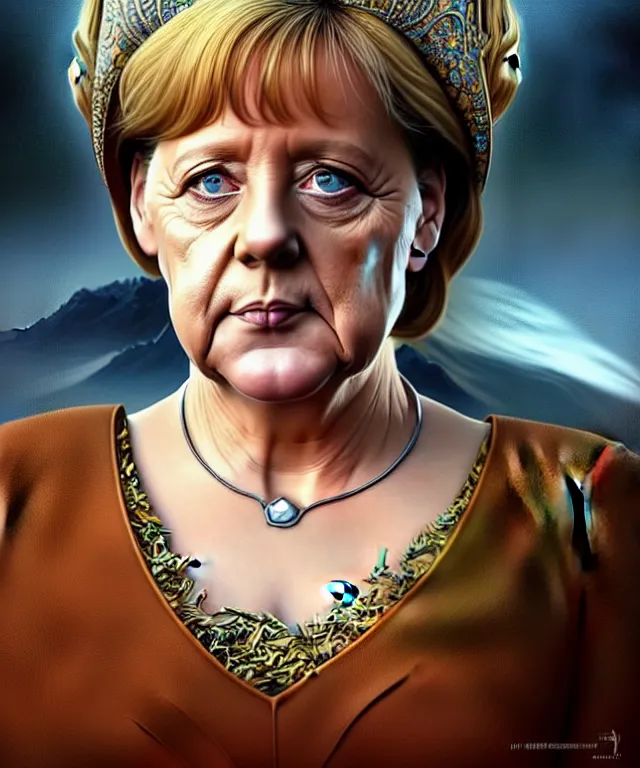 Prompt: angela merkel as a fantasy magic woman portrait, sci - fi, amber eyes, face, long hair, fantasy, intricate, elegant, highly detailed, digital painting, photo by reuters, artstation, concept art, sharp focus, art by artgerm and greg rutkowski and alphonse mucha