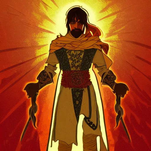 Image similar to an ultra detailed vector image of solaire of astora dressed as the prince of persia, concept art by alphonse mucha and greg rutkowski, bright red desert sands, bright yellow and red sun, octane render, praise the sun