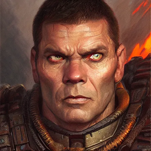 Image similar to the doomguy as a realistic fantasy d & d character, closeup portrait art by donato giancola and greg rutkowski, realistic face, digital art, trending on artstation