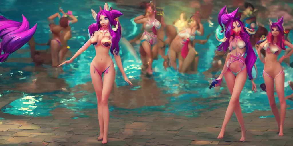 Image similar to Character sheet of gorgeous pool party ahri (League of Legends). 3d octane render trending on artstation