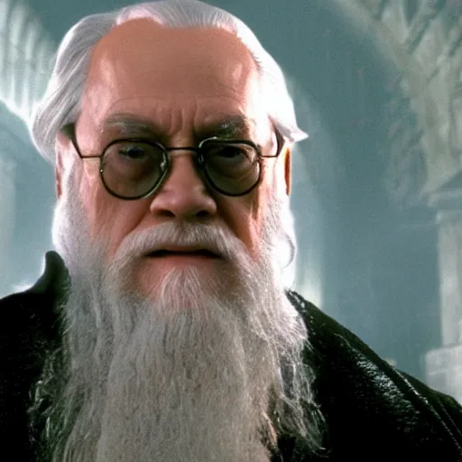 Image similar to Movie still of Albus Dumbledore in Matrix with shades