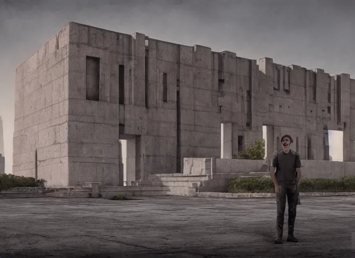 Image similar to a man standing in a brutalist soviet temple, a detailed matte painting by senior environment artist, cgsociety, fantasy art, reimagined by industrial light and magic, unreal engine 5, matte painting