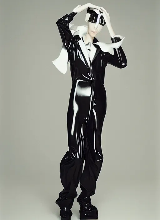 Prompt: an early 0 0's aesthetic portrait of an european girl detailed features wearing a cyber latex wedding dress suit'utility - chic'techno - fashion trend - by issey miyake by ichiro tanida and mitsuo katsui