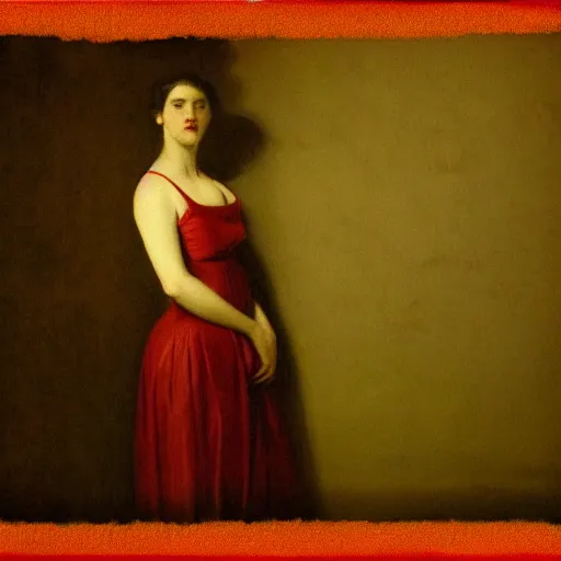 Image similar to an elegant girl in a liminal abandoned room, red and gold, old polaroid by goya, by caravaggio, digital painting, jugendstil, art noveau, strong lights, flat colors, pastel colors,