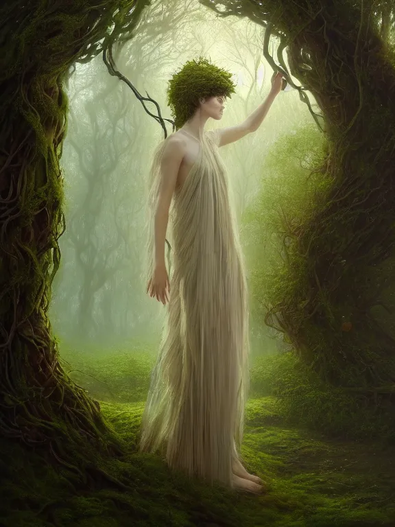 Image similar to Full View Portrait Mystical ethereal deity of oak trees wearing beautiful dress in a magic forest, Oak Dryad made of vines tree bark moss beautiful dress, 4k digital masterpiece by Greg Rutkowski and Ruan Jia and Tom bagshaw, Alberto Seveso, fantasycore, Hyperdetailed, realistic oil on linen, soft lighting, featured on Artstation, textured, stylized, intricate details