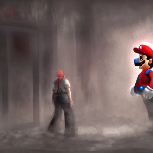 Image similar to concept art of mario from super mario bros lost in silent hill, resident evil, horror, occult, terror, mist, volumetric render, digital painting, detailed painting