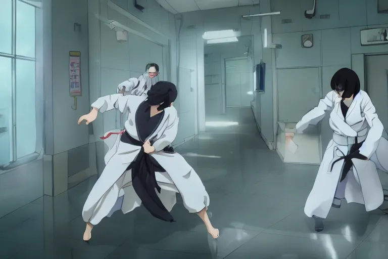 Image similar to a cute young female ninja wearing white coat is attacking an old surgeon in a hospital, lighting, anime scenery by Makoto shinkai