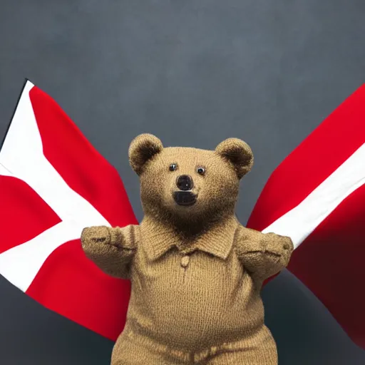 Prompt: a portrait of a socialist bear in a uniform waving a red flag