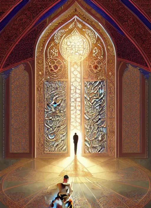 Image similar to vladimir putin praying in the mosque, intricate, elegant, highly detailed, my rendition, digital painting, artstation, concept art, smooth, sharp focus, illustration, art by artgerm and greg rutkowski and alphonse mucha and uang guangjian and gil elvgren and sachin teng,