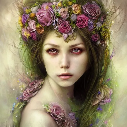 Prompt: a gorgeous flower princess portrait by Seb McKinnon and WLOP, artgerm , ultra realistic, mystical, detailed flowers, SSS , vibrant colours, cgsociety