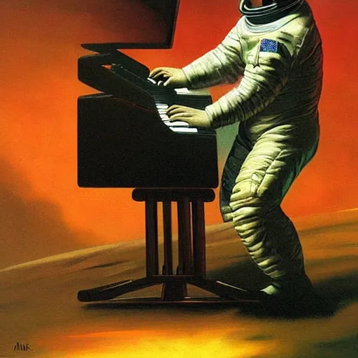 Image similar to astronaut playing keyboard by frank frazetta, digital painting, digital art