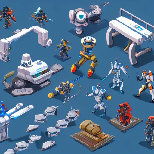 Prompt: isometric game asset of robots, in gouache detailed paintings, props, stylized, 2 d sprites, kitbash, overwatch, blue and white color scheme, 8 k, close up