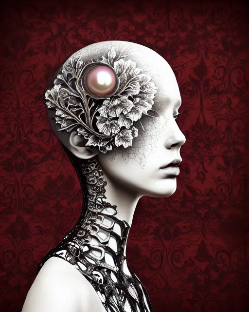 Image similar to monochrome profile portrait painting, dutch masters, silver lace floral steampunk biomechanical beautiful one techno eye young female cyborg, big monocular, volumetric light, leaves foliage and stems, hibiscus flowers, alexander mcqueen, rim light, big gothic fashion pearl embroidered collar, 8 k