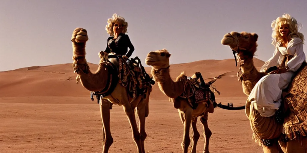 Image similar to Dolly Parton is riding a camel in a Star Wars space ship, minimal, space, electronic, robot, depth of field