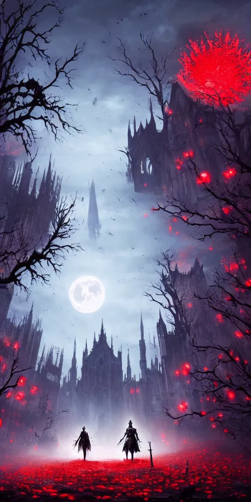 Prompt: abandoned bloodborne old valley with a person at the centre and a ruined gothic city in the background, trees and stars in the background, falling red petals, epic red - orange moonlight, perfect lightning, wallpaper illustration by niko delort and kentaro miura, 4 k, ultra realistic