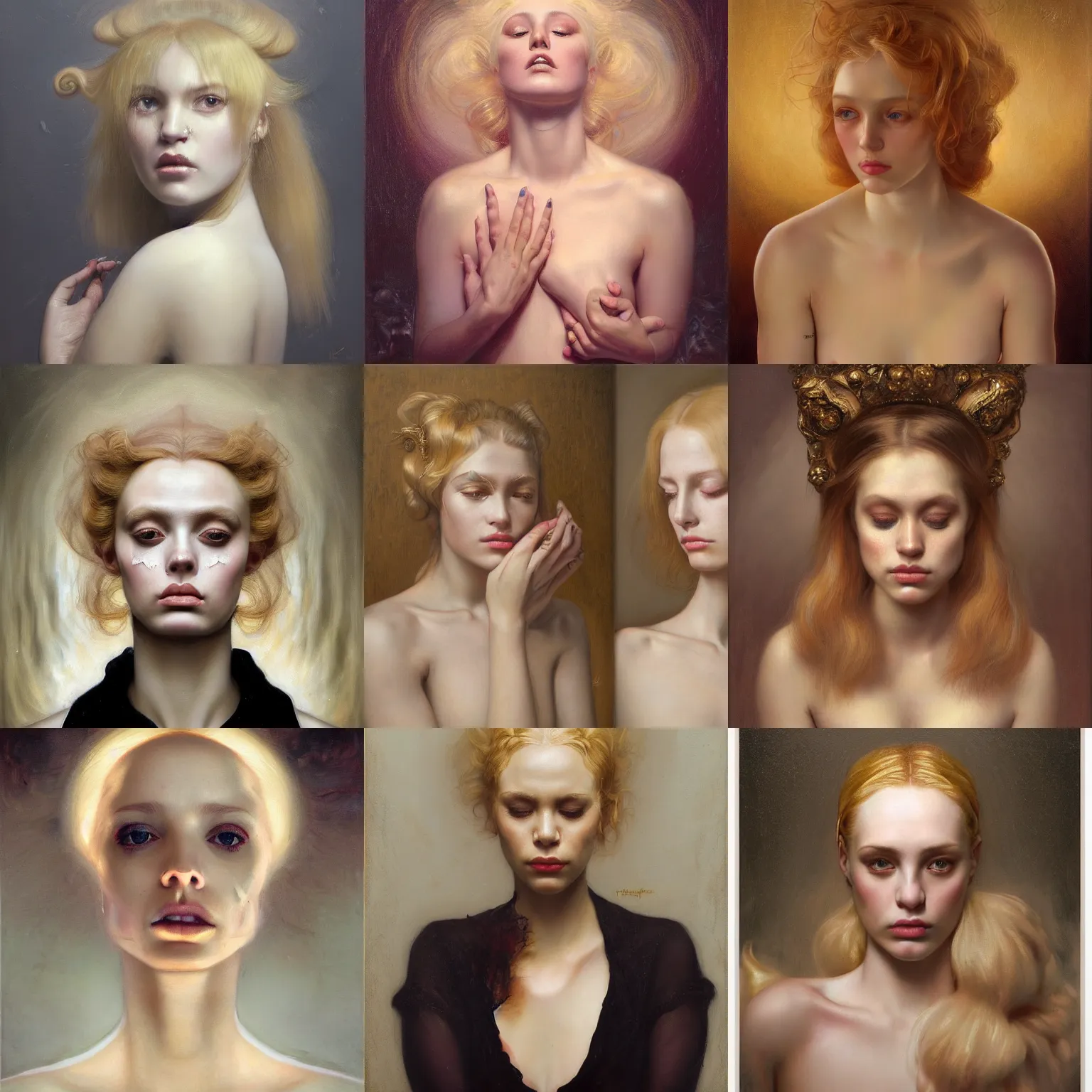 Prompt: portrait of blonde girl crying makeup, by alexander mcqueen, by roberto ferri, by tom bagshaw, by j. c. leyendecker and klimt, by austin osman spare, highly detailed oil painting, very intricate, cinematic lighting, award - winning, american romanticism, artstation, cgsociety, official art, octane