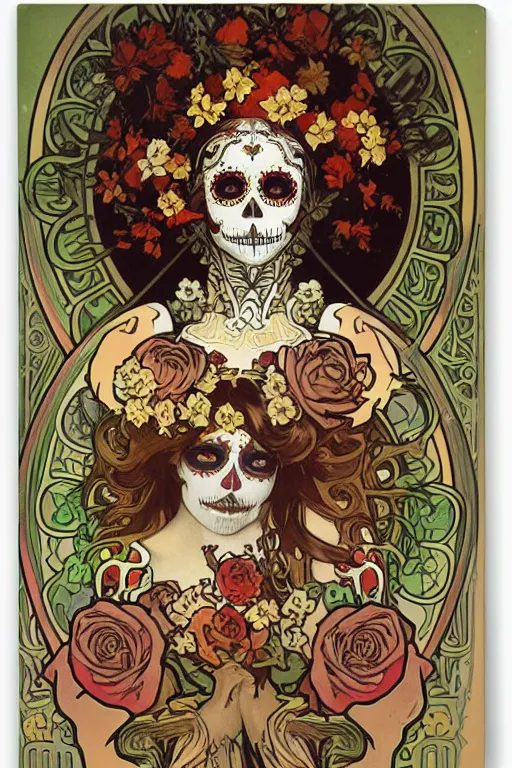 Image similar to Illustration of a sugar skull day of the dead girl, art by alphonse mucha