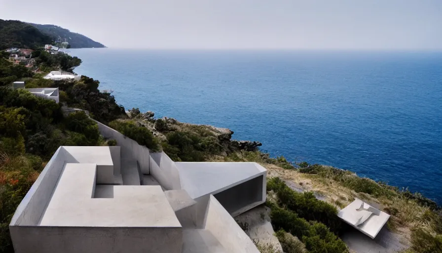Image similar to modern house perched on a cliff overlooking a magnificient bay, drawing architecture, pritzker architecture prize, greig fraser