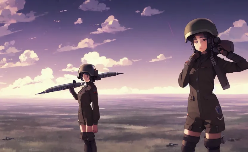 Image similar to panoramic view of cute pilot girl, black sky background, battlefield landscape, illustration concept art anime key visual trending pixiv fanbox by wlop and greg rutkowski and makoto shinkai and studio ghibli and kyoto animation, soldier clothing, military weaponry, fused airplane parts, rule of thirds