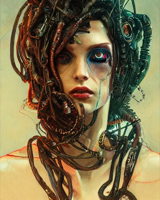 Prompt: portrait of a cyberpunk medusa by greg rutkowski in the style of egon schiele
