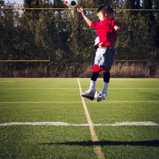 Prompt: Adult Justin Sun kicking a baby through a field goal, professional football photography, flying baby